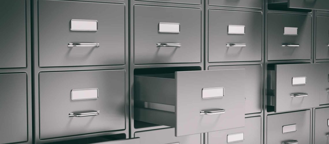 Filing cabinets and open drawers. 3d illustration